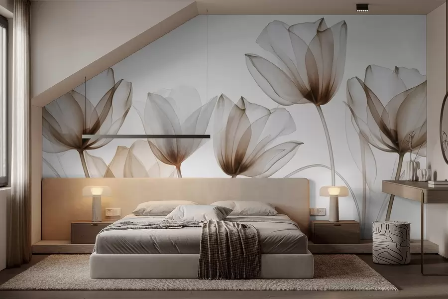 Carta da parati Floreale Fiori di tulipano traslucidi marroni e bianchi con steli lunghi, su sfondo chiaro, arte floreale delicata e ricca di texture n. w09538v1