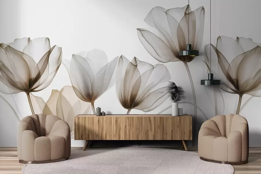 Carta da parati Floreale Fiori di tulipano traslucidi marroni e bianchi con steli lunghi, su sfondo chiaro, arte floreale delicata e ricca di texture n. w09538v1