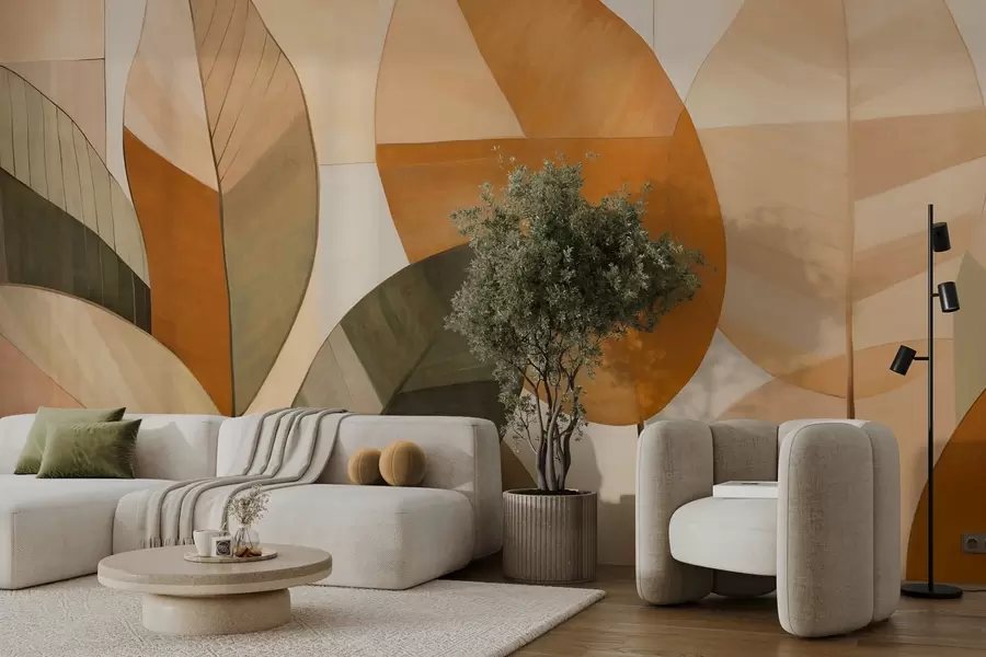 carta da parati Foglie astratte di grandi dimensioni nei toni dell'arancione, del marrone e del verde, con texture, disposte su uno sfondo chiaro nr. w09539