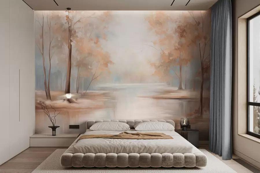 Carta da parati nature Paesaggio autunnale con alberi e un fiume, colori tenui, atmosfera leggera e ariosa, scena pacifica e tranquilla 