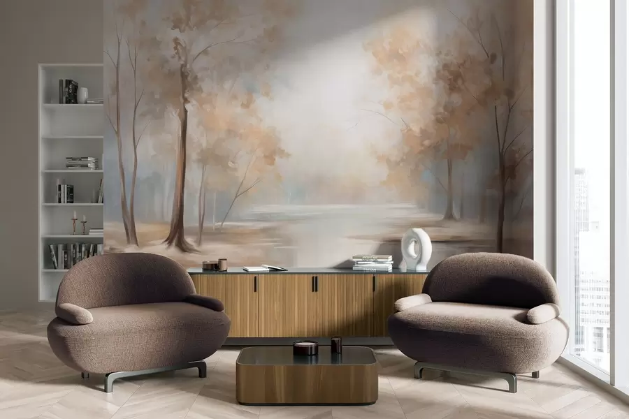 Carta da parati nature Paesaggio autunnale con alberi e un fiume, colori tenui, atmosfera leggera e ariosa, scena pacifica e tranquilla. 