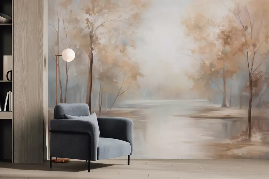 Carta da parati nature Paesaggio autunnale con alberi e un fiume, colori tenui, atmosfera leggera e ariosa, scena pacifica e tranquilla. 