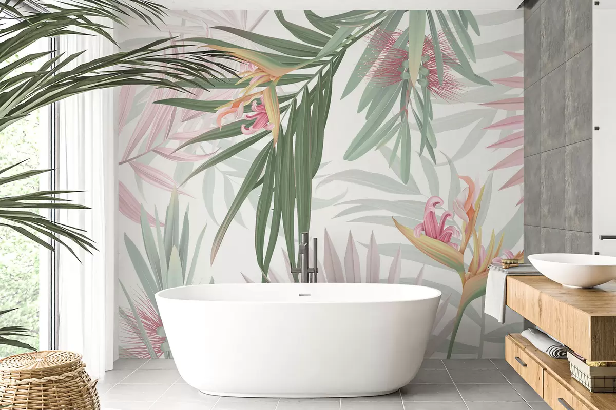 carta da parati Strelitzia tra le foglie di palma nr. w04896v2