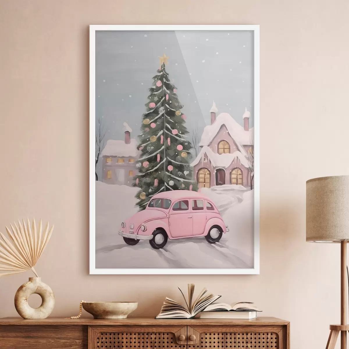Poster Auto rosa e albero di Natale decorato fuori dalla casa f46621