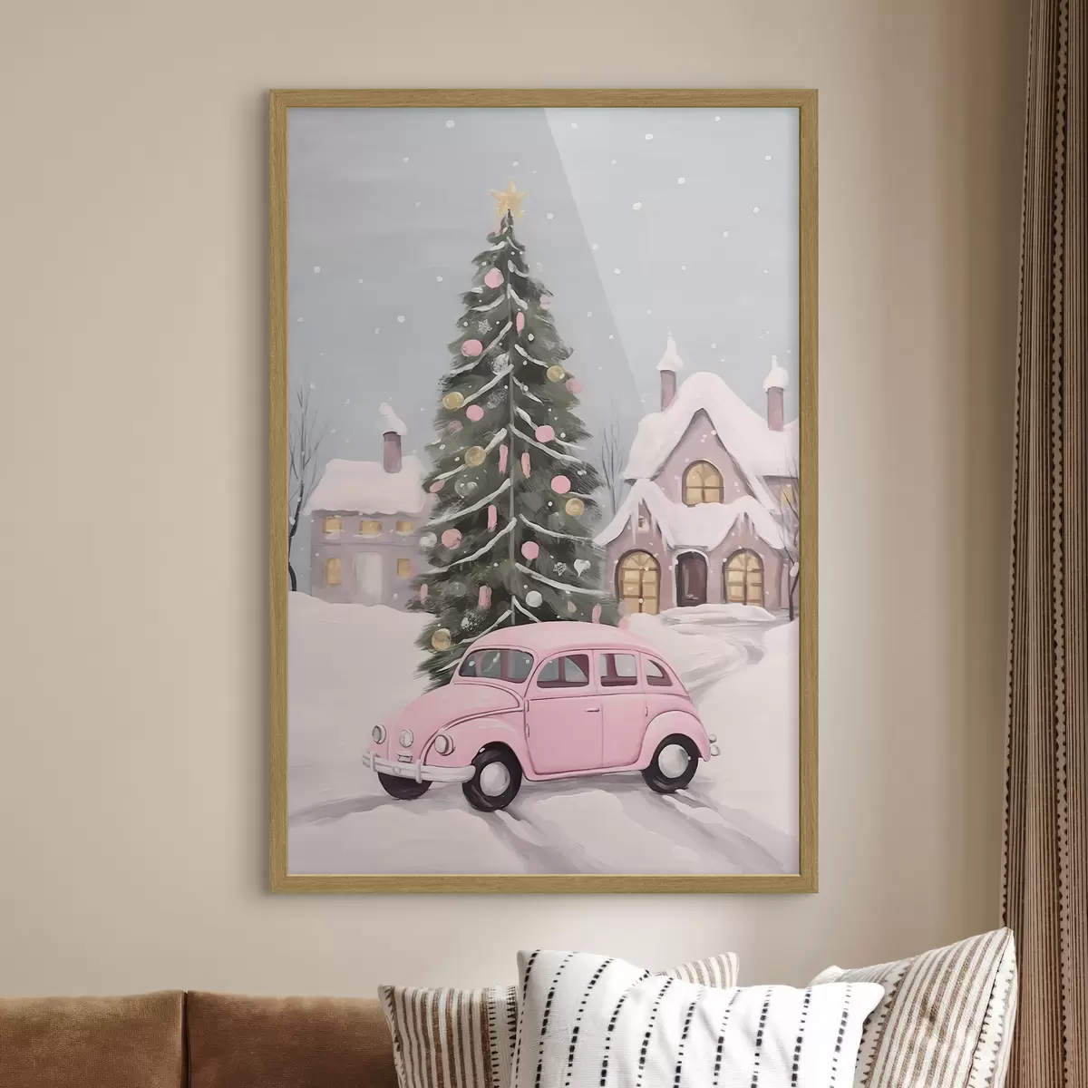 Poster Auto rosa e albero di Natale decorato fuori dalla casa f46621