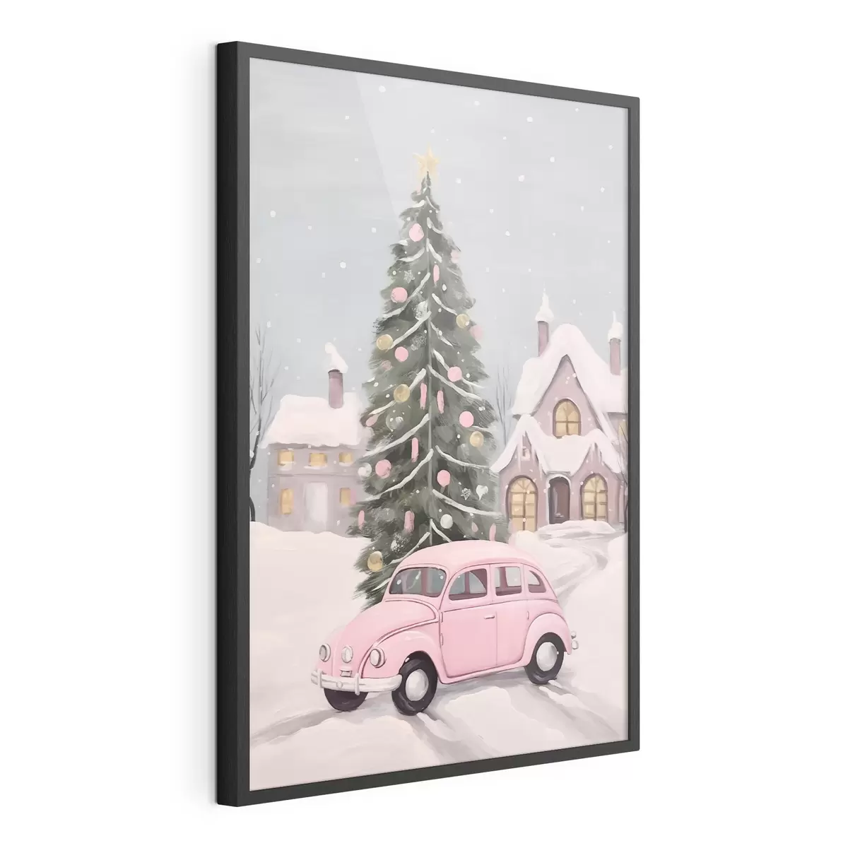 Poster Auto rosa e albero di Natale decorato fuori dalla casa f46621
