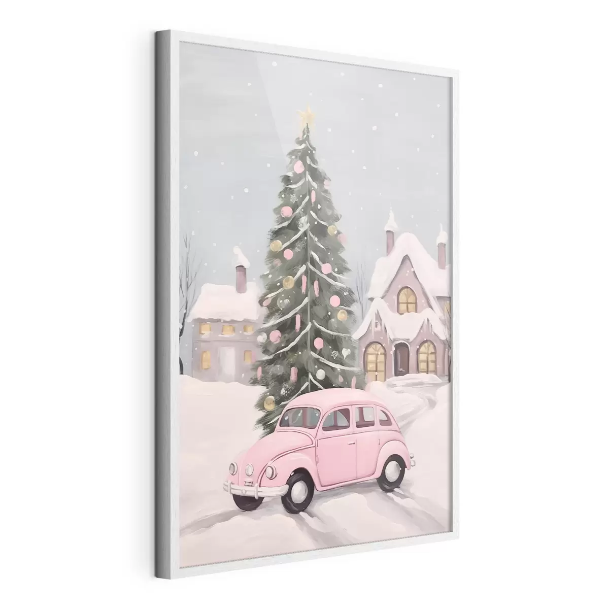 Poster Auto rosa e albero di Natale decorato fuori dalla casa f46621
