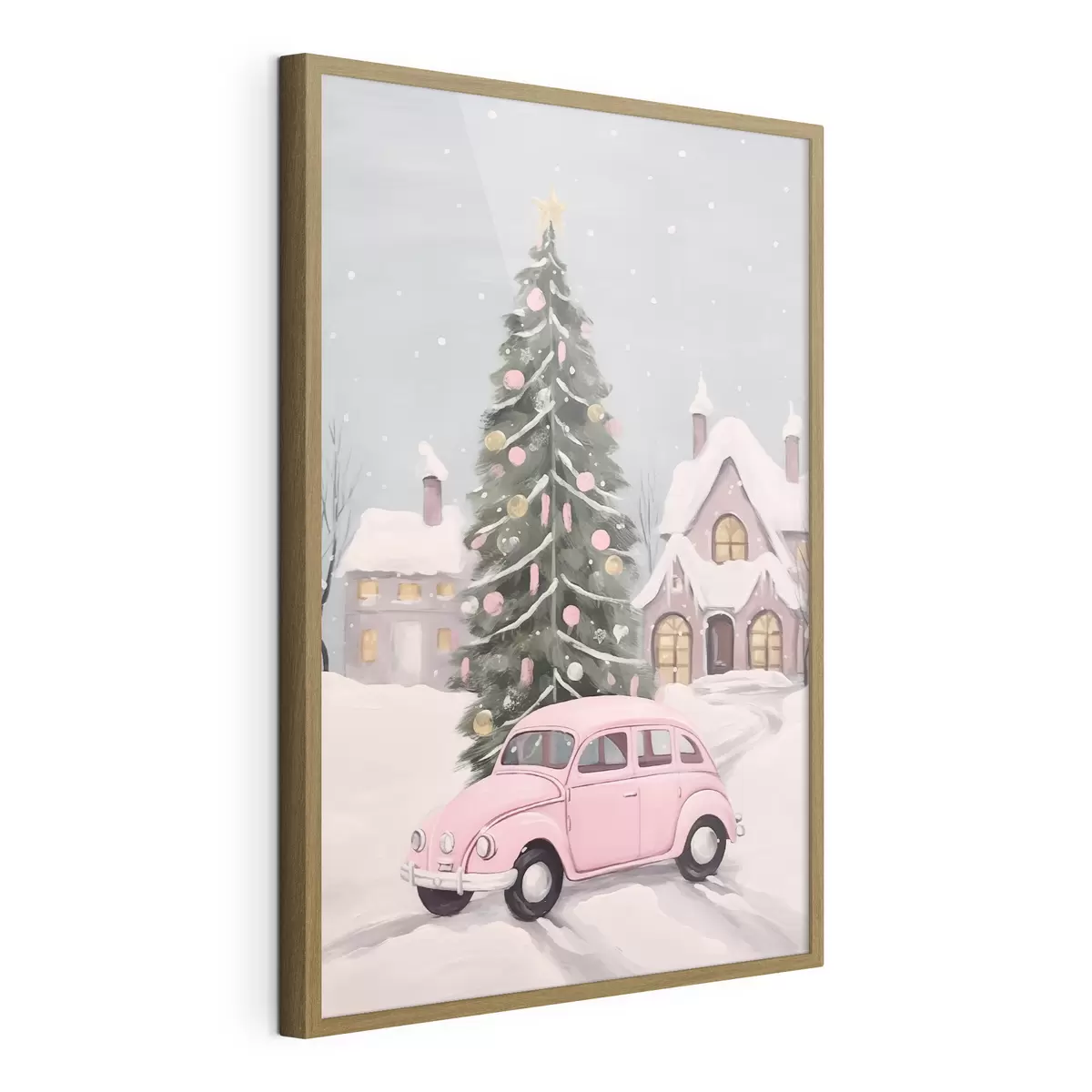 Poster Auto rosa e albero di Natale decorato fuori dalla casa f46621