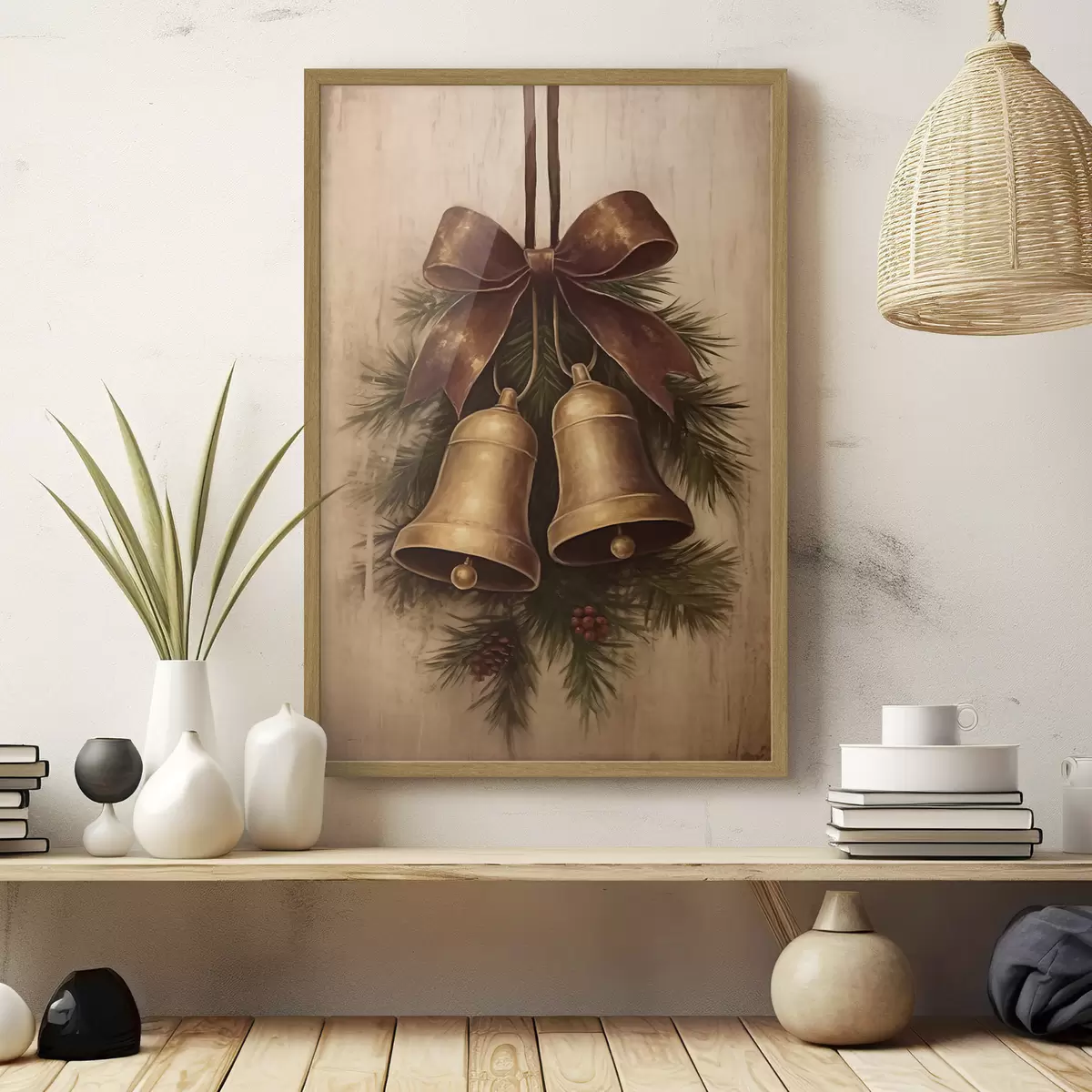 Poster Decorazione natalizia vintage con due campanelle e un fiocco f46626