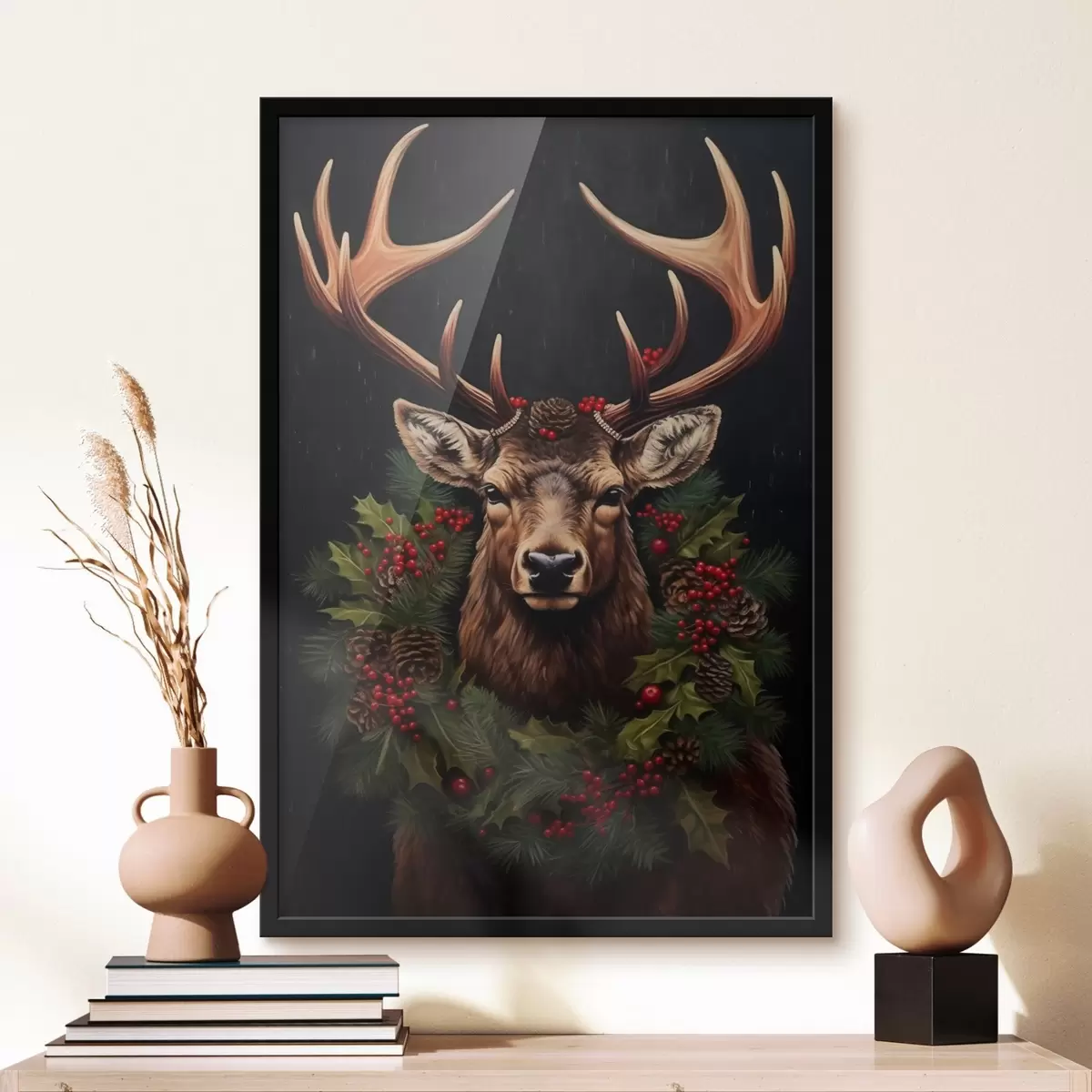 Poster Ritratto di un cervo con una ghirlanda natalizia f46628