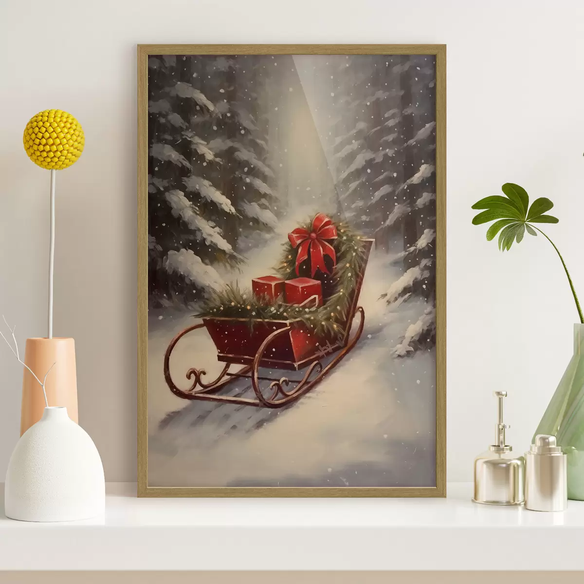 Poster Slitta natalizia con regali in una foresta innevata f46630