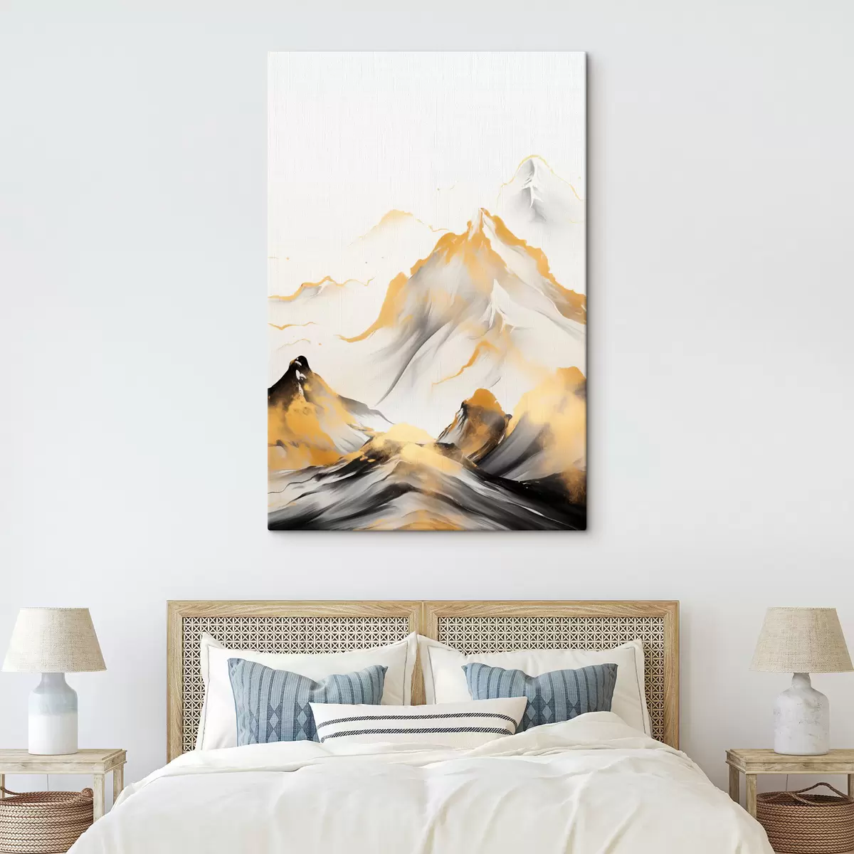 carta da parati Montagne gialle e nere con cime innevate, stile pittorico a inchiostro, catena montuosa minimalista nr. s46683