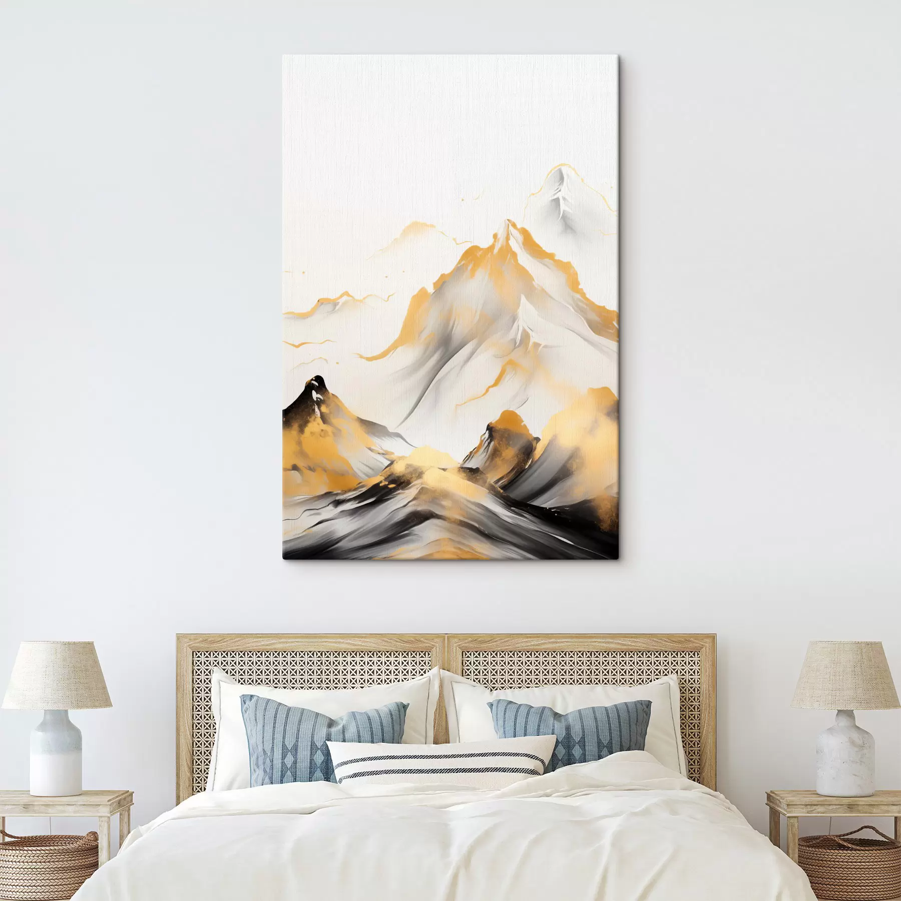 carta da parati Montagne gialle e nere con cime innevate, stile pittorico a inchiostro, catena montuosa minimalista nr. s46683