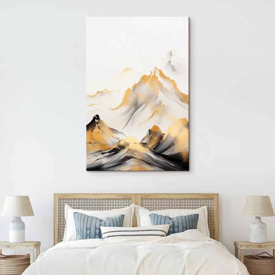 carta da parati Montagne gialle e nere con cime innevate, stile pittorico a inchiostro, catena montuosa minimalista nr. s46683