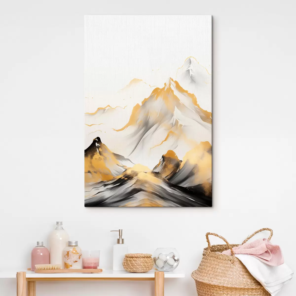 carta da parati Montagne gialle e nere con cime innevate, stile pittorico a inchiostro, catena montuosa minimalista nr. s46683