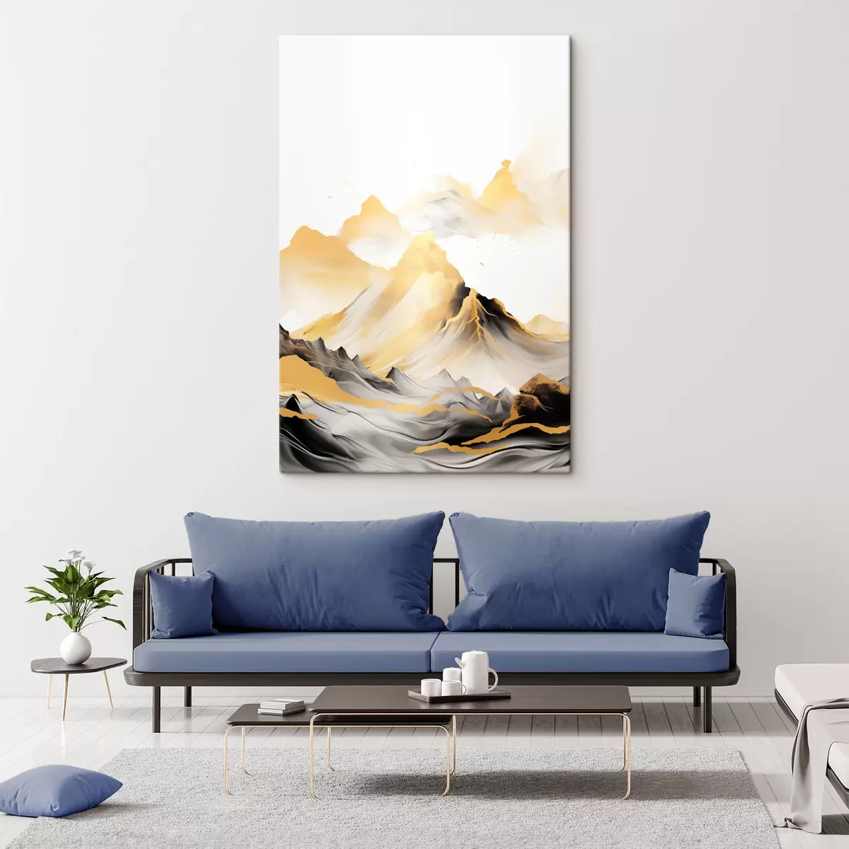 carta da parati Montagne gialle e nere con cime innevate, stile pittorico a inchiostro, catena montuosa minimalista nr. s46684