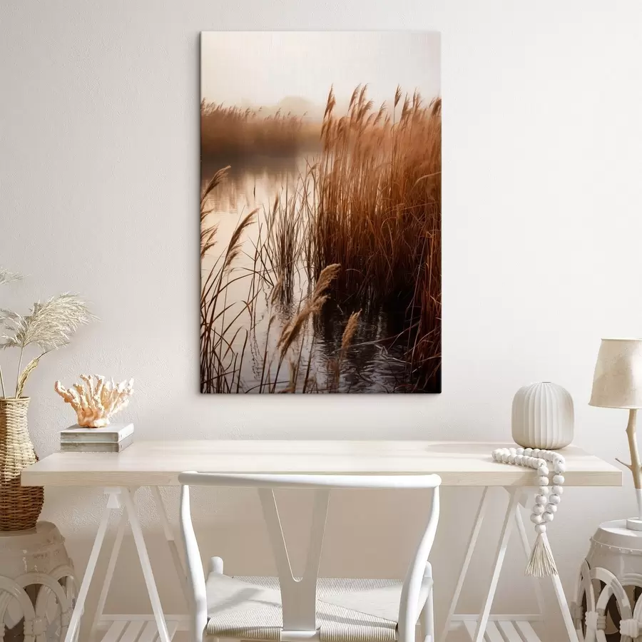 carta da parati Alte canne che crescono in uno specchio d'acqua, l'acqua riflette le canne, sfondo nebbioso, luce soffusa, scena naturale nr. s46695