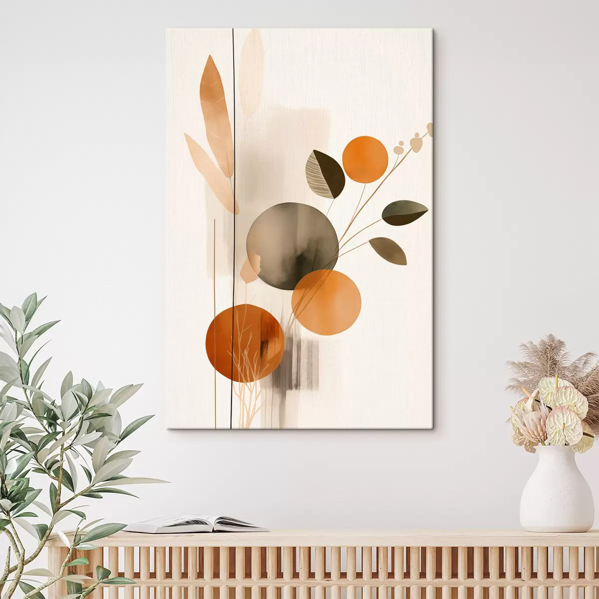 carta da parati Imitazione di pittura astratta con cerchi arancioni e grigi, foglie e rami, stile moderno, effetto acquerello nr. s46697