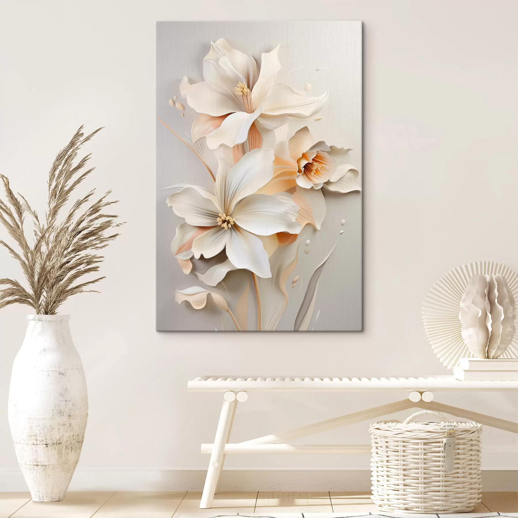 carta da parati Fiori bianchi, petali con ombre delicate, sfondo beige chiaro, composizione elegante, stile minimalista nr. s46699