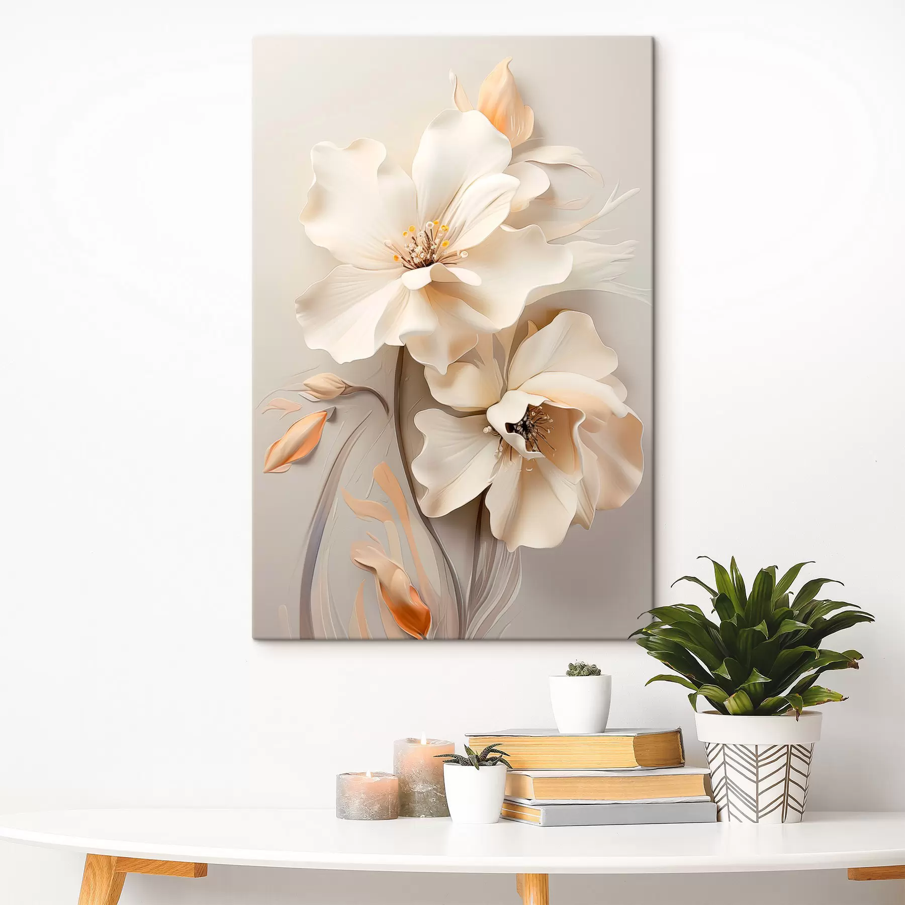 carta da parati Fiori bianchi, petali con ombre delicate, sfondo beige chiaro, composizione elegante, stile minimalista nr. s46700