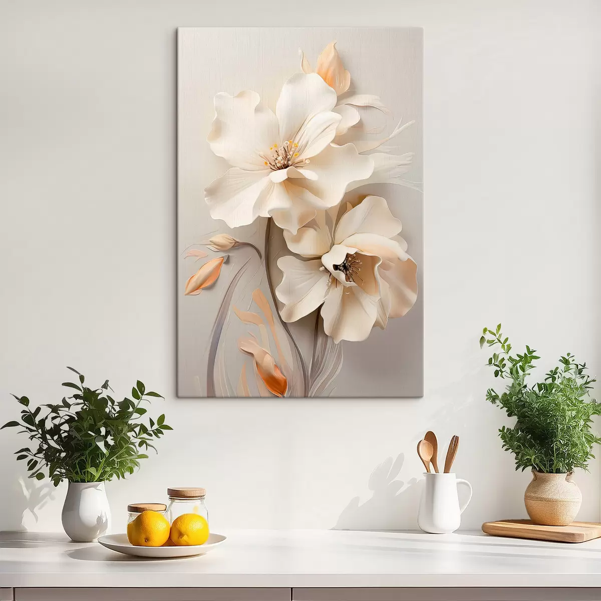 carta da parati Fiori bianchi, petali con ombre delicate, sfondo beige chiaro, composizione elegante, stile minimalista nr. s46700