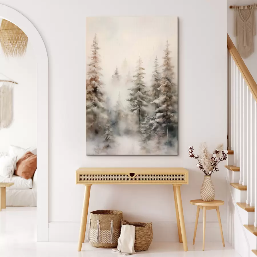 carta da parati Alti pini ricoperti di neve, immersi in una foresta avvolta dalla nebbia, una scena invernale morbida e ovattata. nr. s46701