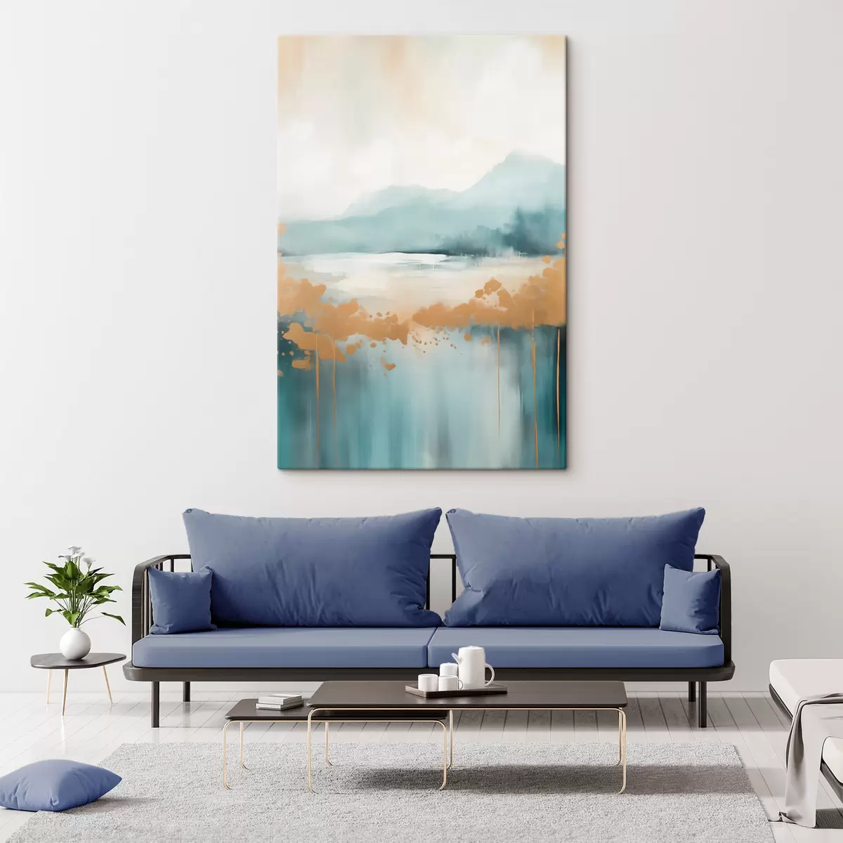 carta da parati Paesaggio astratto con montagne e lago in verde acqua e giallo materico, pennellate morbide, opera d'arte minimalista nr. s46703