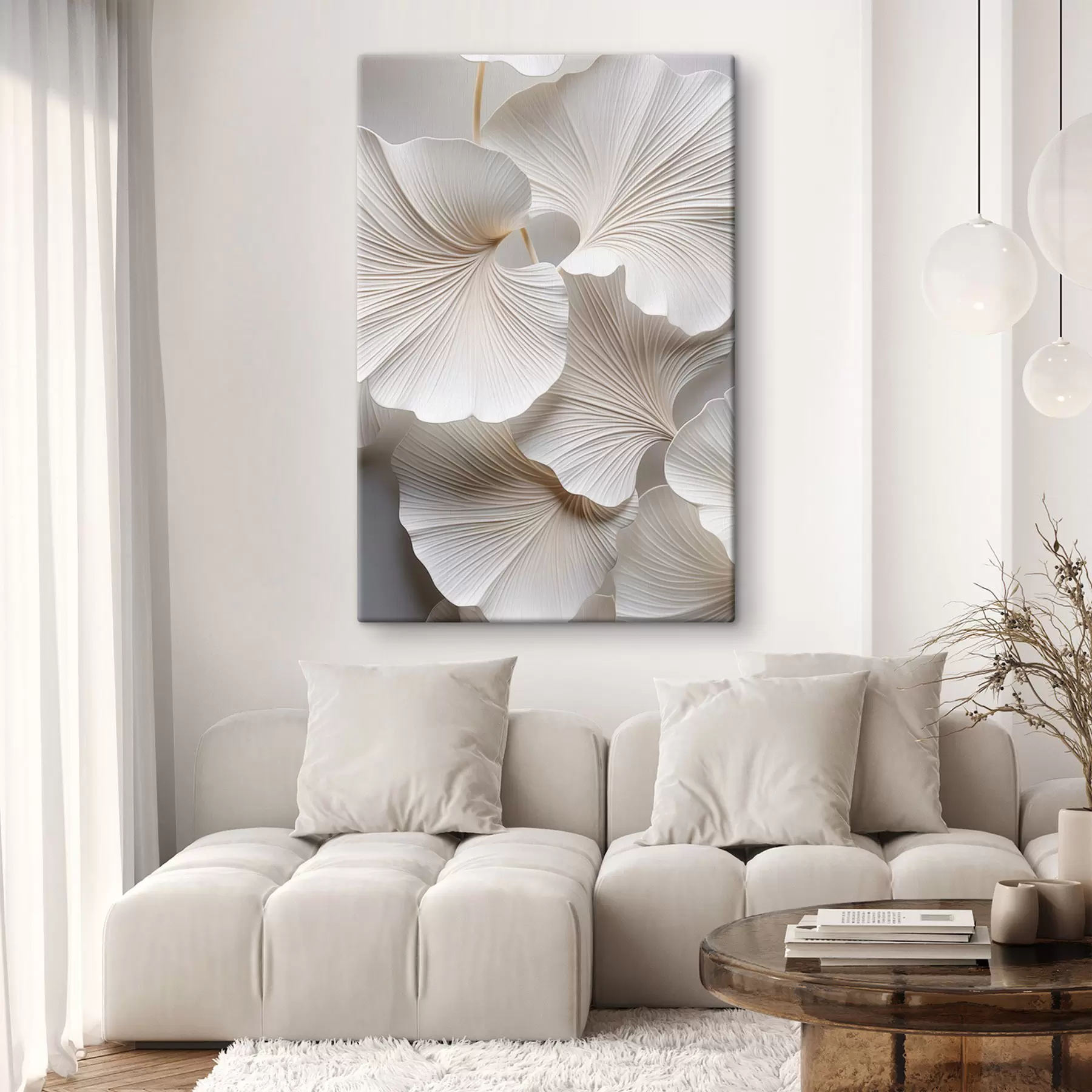 carta da parati Foglie bianche di ginkgo biloba con venature dettagliate, illuminazione soffusa, design elegante e minimalista con texture nr. s46705