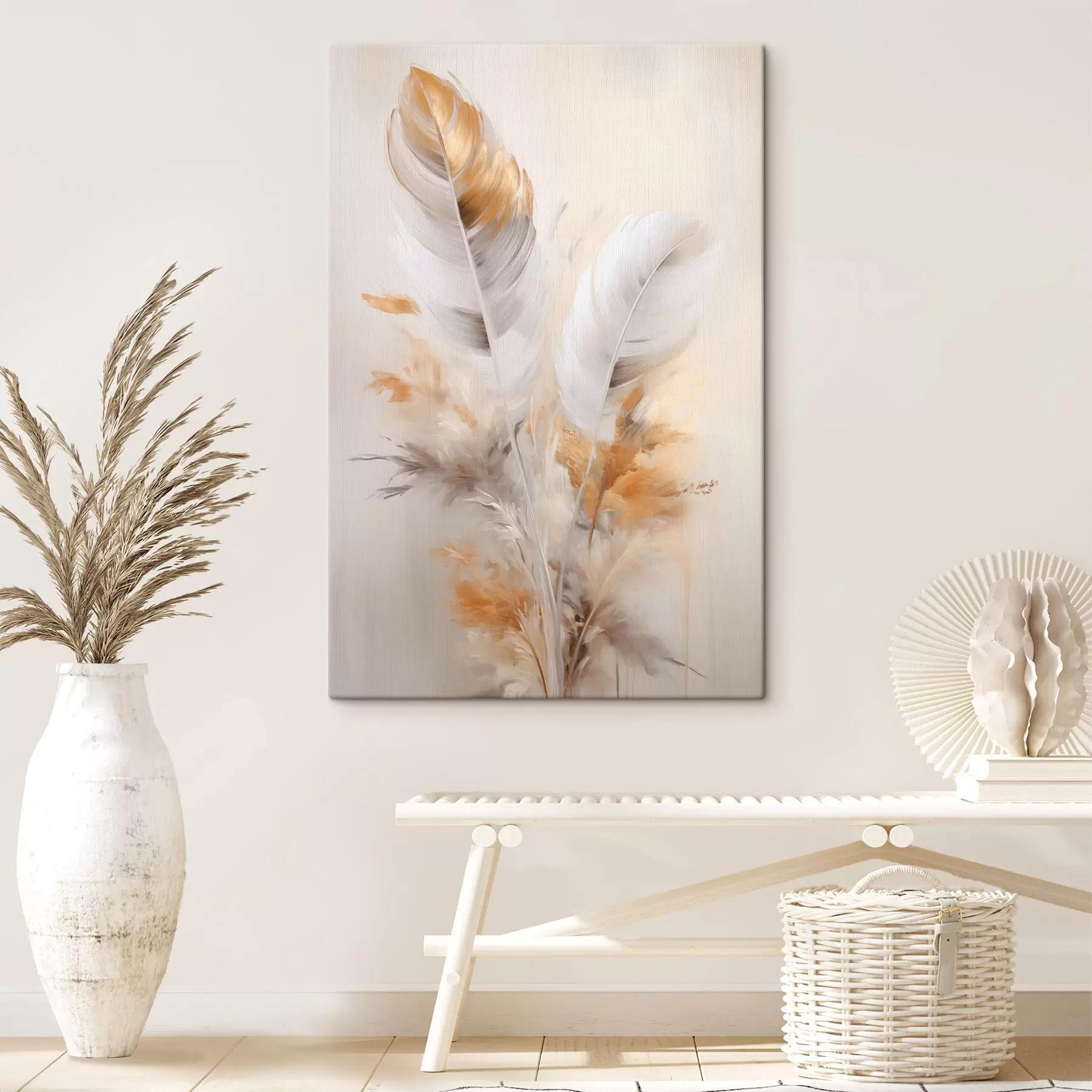 carta da parati Piume astratte, circondate da pennacchi beige e marroni, morbide e delicate, su uno sfondo beige chiaro. nr. s46711