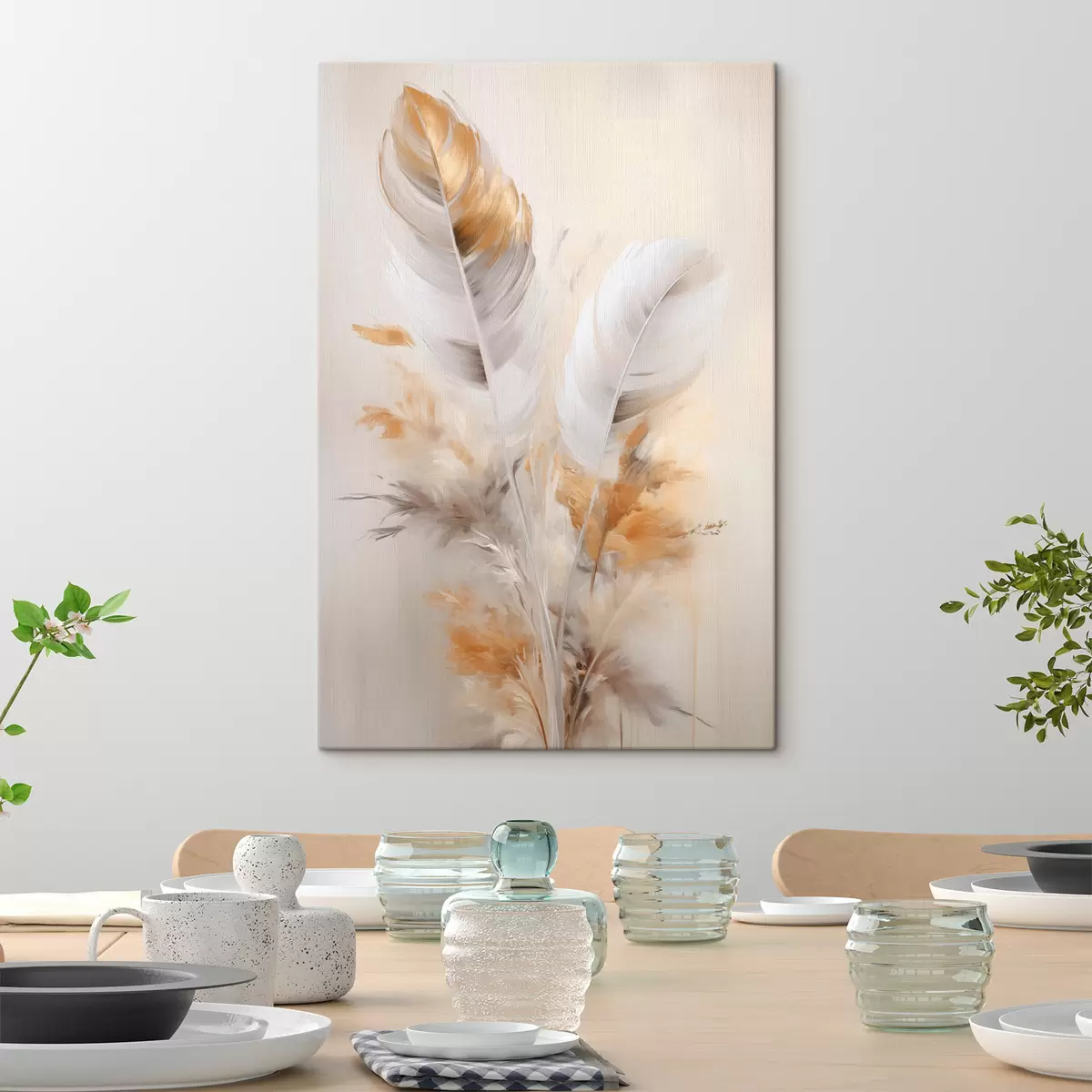 carta da parati Piume astratte, circondate da pennacchi beige e marroni, morbide e delicate, su uno sfondo beige chiaro. nr. s46711