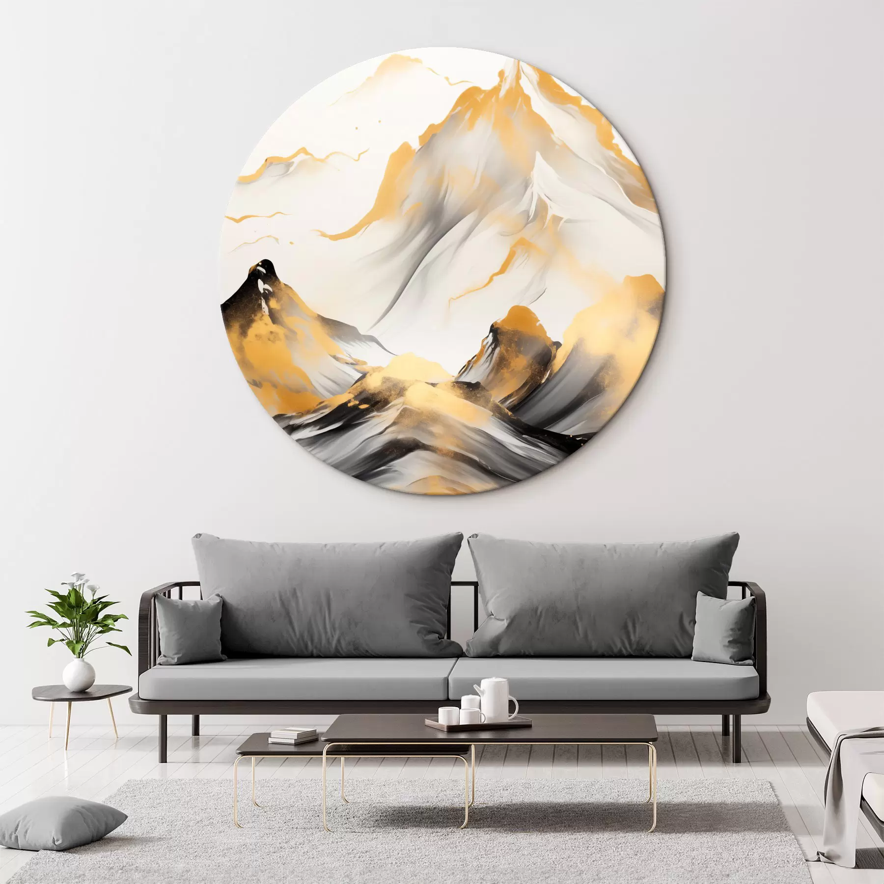 carta da parati Montagne gialle e nere con cime innevate, stile pittorico a inchiostro, catena montuosa minimalista nr. r46683