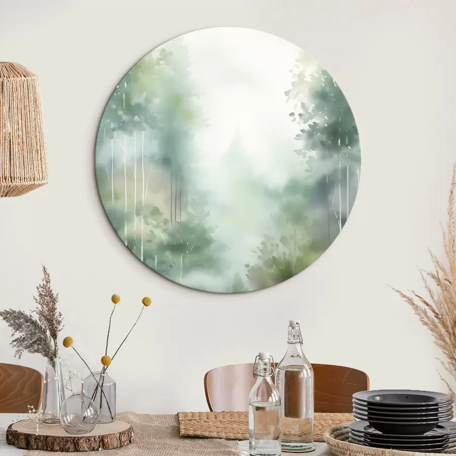 carta da parati Imitazione di un dipinto ad acquerello raffigurante una foresta astratta con alberi ad alto fusto e fogliame verde, colori tenui e delicati. nr. r46689