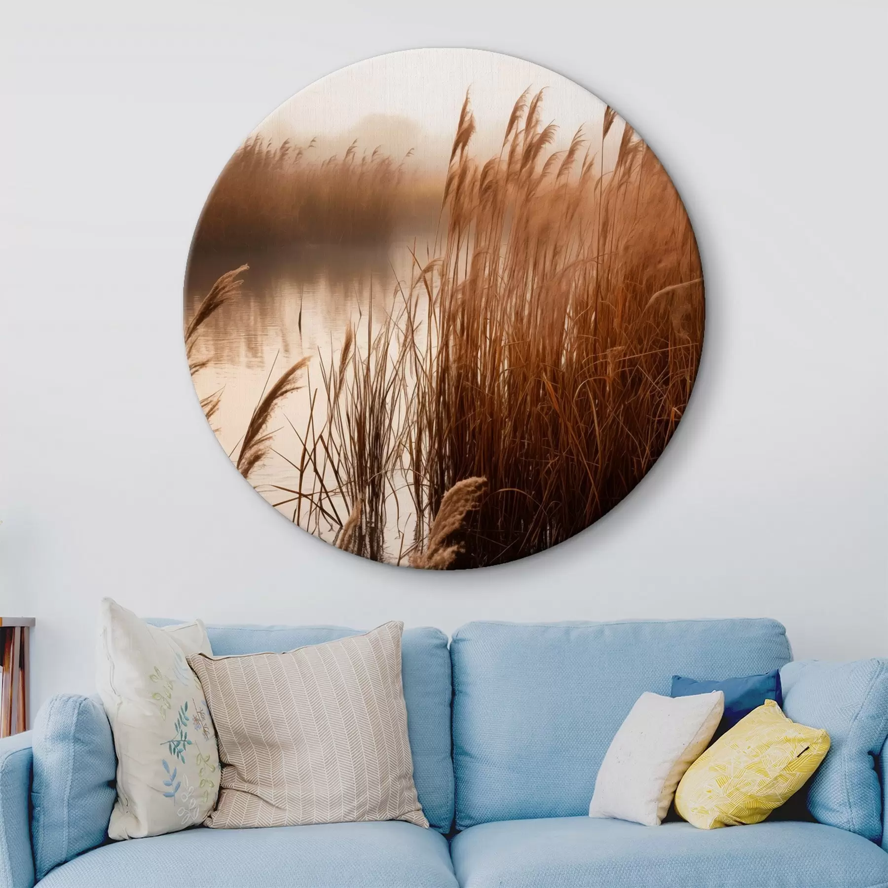 carta da parati Alte canne che crescono in uno specchio d'acqua, l'acqua riflette le canne, sfondo nebbioso, luce soffusa, scena naturale nr. r46695