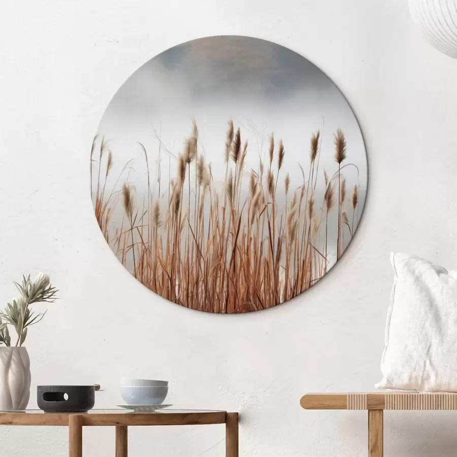 carta da parati Alte canne che crescono in uno specchio d'acqua, l'acqua riflette le canne, sfondo nebbioso, luce soffusa, scena naturale nr. r46696