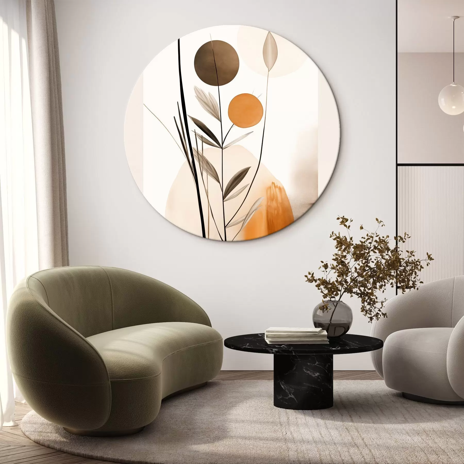 carta da parati Imitazione di pittura astratta con cerchi arancioni e grigi, foglie e rami, stile moderno, effetto acquerello nr. r46698