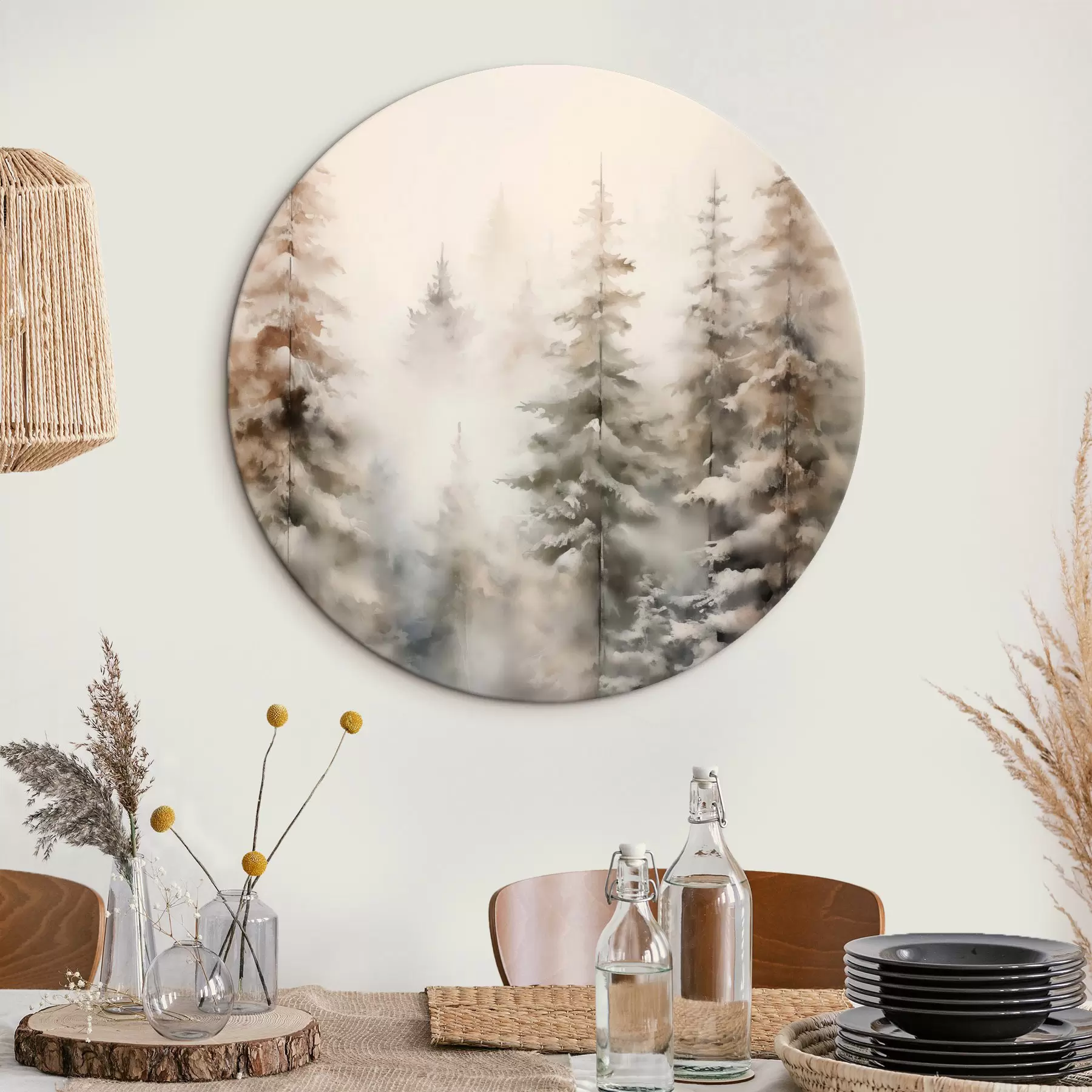 carta da parati Alti pini ricoperti di neve, immersi in una foresta avvolta dalla nebbia, una scena invernale morbida e ovattata nr. r46701