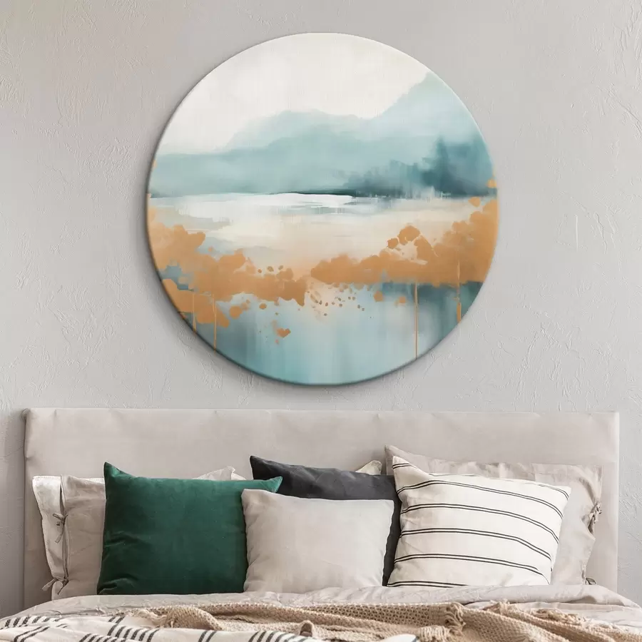 carta da parati Paesaggio astratto con montagne e lago in verde acqua e giallo materico, pennellate morbide, opera d'arte minimalista nr. r46703