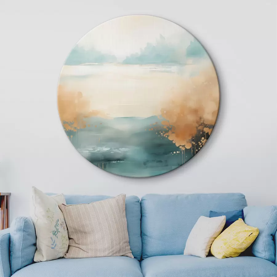 carta da parati Paesaggio astratto con montagne e lago in verde acqua e giallo materico, pennellate morbide, opera d'arte minimalista nr. r46704