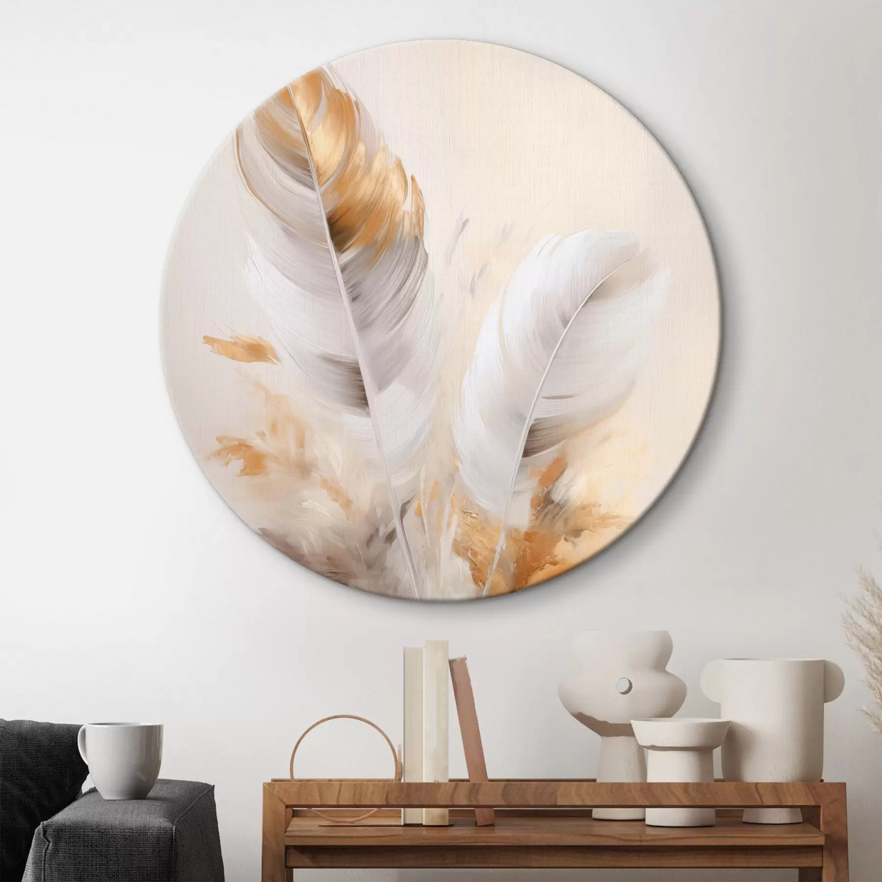 carta da parati Piume astratte, circondate da pennacchi beige e marroni, morbide e delicate, su uno sfondo beige chiaro. nr. r46711