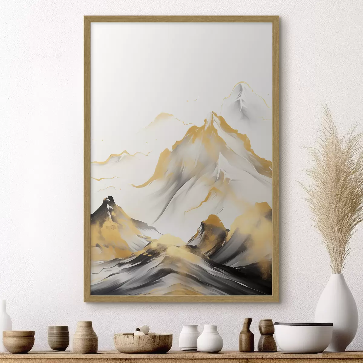 Poster Montagne gialle e nere con cime innevate, stile pittorico a inchiostro, catena montuosa minimalista f46683
