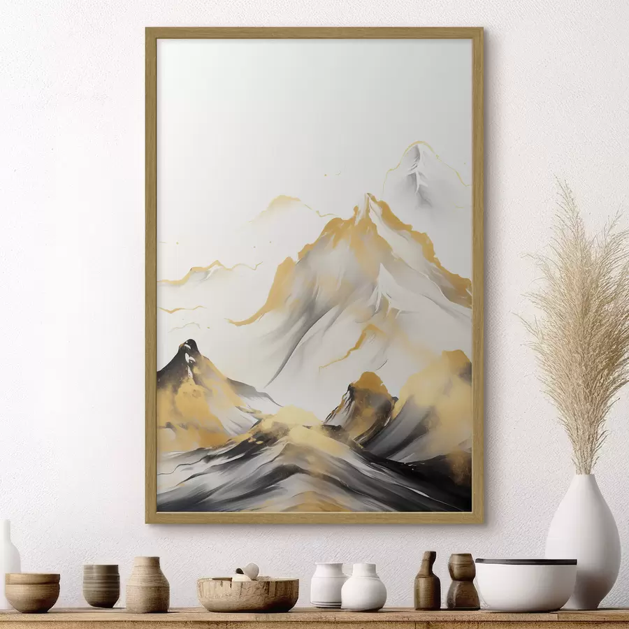 carta da parati Montagne gialle e nere con cime innevate, stile pittorico a inchiostro, catena montuosa minimalista nr. f46683