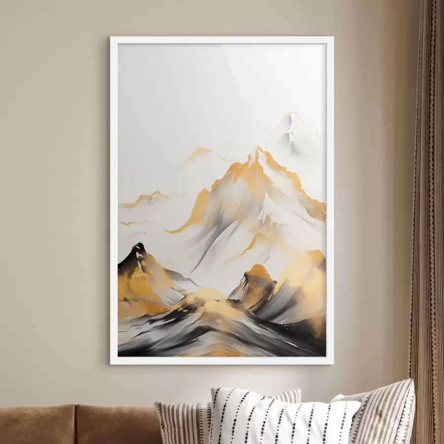 carta da parati Montagne gialle e nere con cime innevate, stile pittorico a inchiostro, catena montuosa minimalista nr. f46683