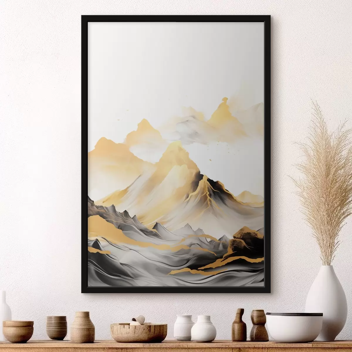 Poster Montagne gialle e nere con cime innevate, stile pittorico a inchiostro, catena montuosa minimalista f46684