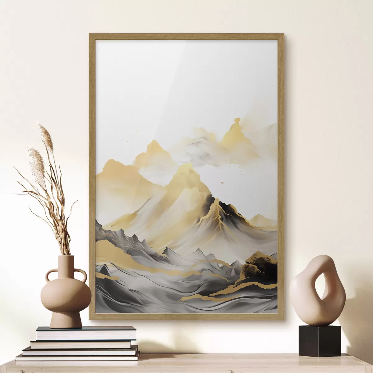 Poster Montagne gialle e nere con cime innevate, stile pittorico a inchiostro, catena montuosa minimalista f46684
