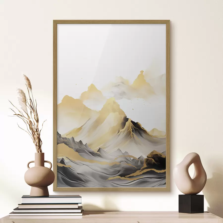 carta da parati Montagne gialle e nere con cime innevate, stile pittorico a inchiostro, catena montuosa minimalista nr. f46684