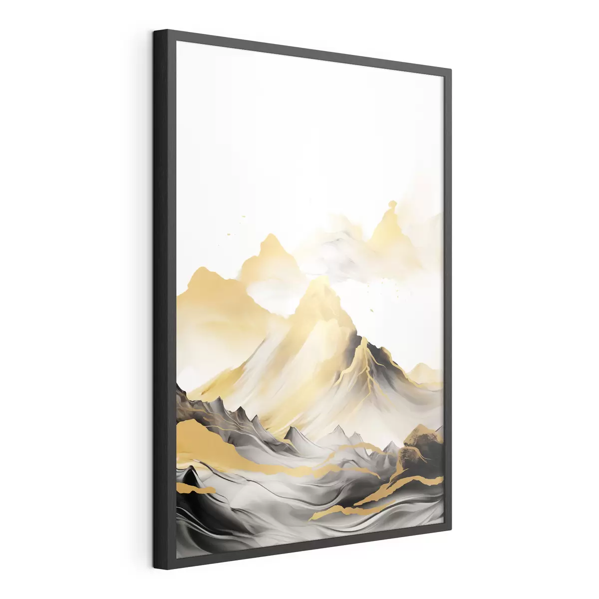 Poster Montagne gialle e nere con cime innevate, stile pittorico a inchiostro, catena montuosa minimalista f46684