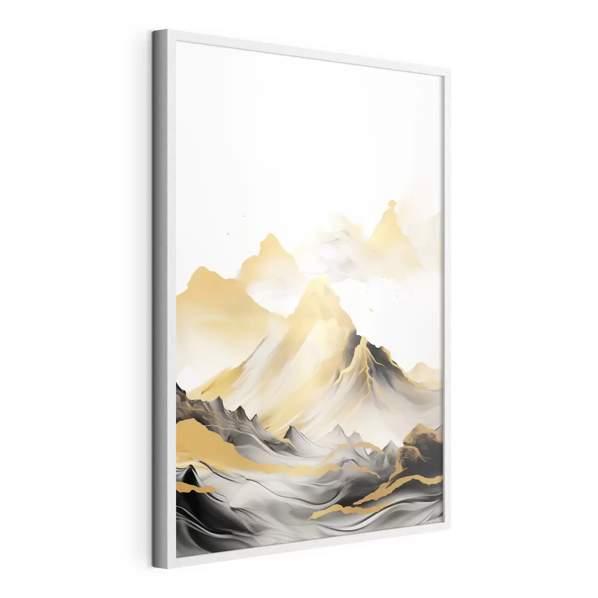 Poster Montagne gialle e nere con cime innevate, stile pittorico a inchiostro, catena montuosa minimalista f46684