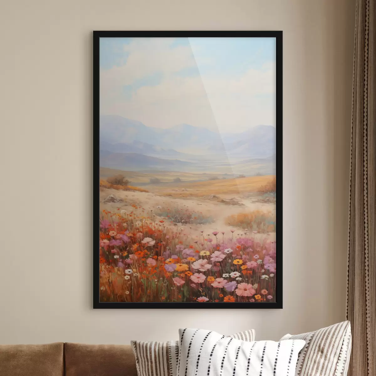 Poster Paesaggio, un campo di fiori colorati con le montagne sullo sfondo, colori tenui e pastello f46685
