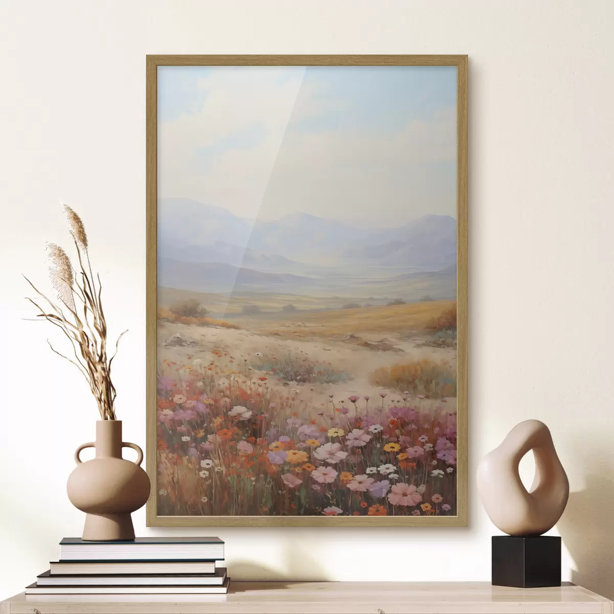 Poster Paesaggio, un campo di fiori colorati con le montagne sullo sfondo, colori tenui e pastello f46685