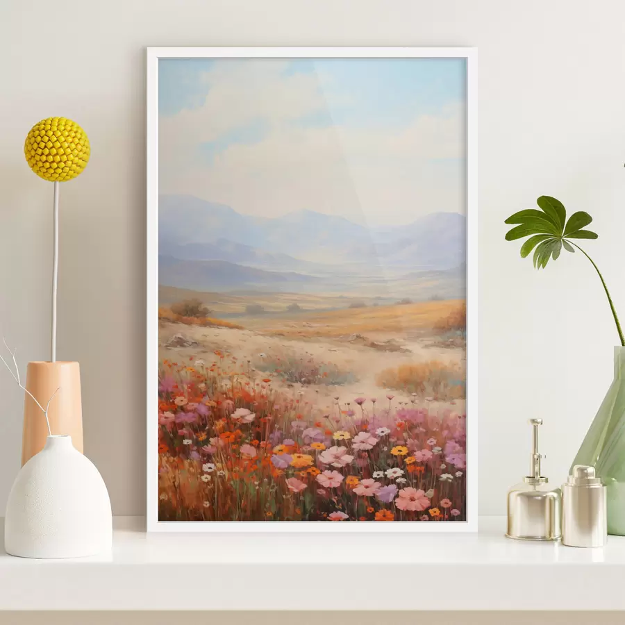 carta da parati Paesaggio, un campo di fiori colorati con le montagne sullo sfondo, colori tenui e pastello nr. f46685